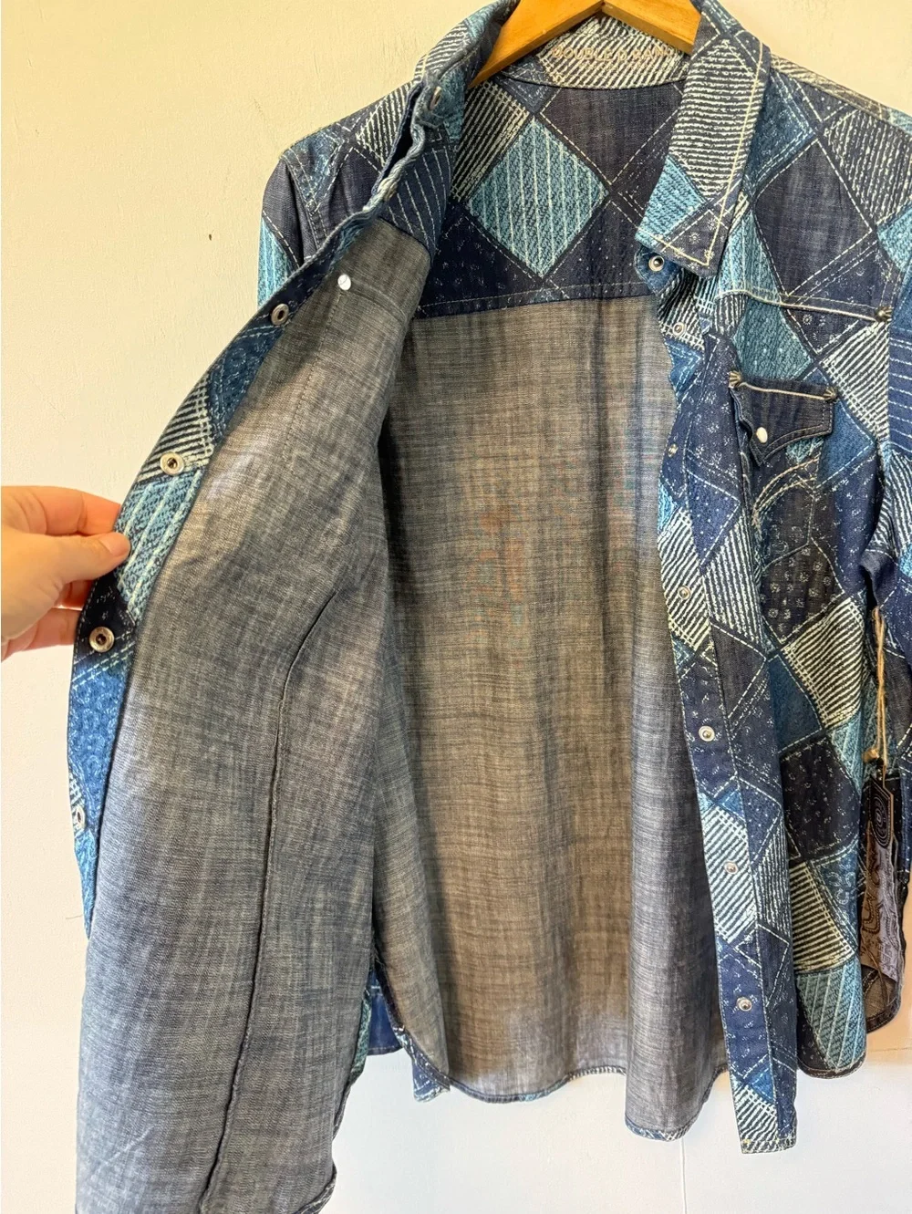 Double D Ranch Scrapbag Workshirt Patchwork Denim Shirt Pearl Snap Womens Large - Picture 8 of 10